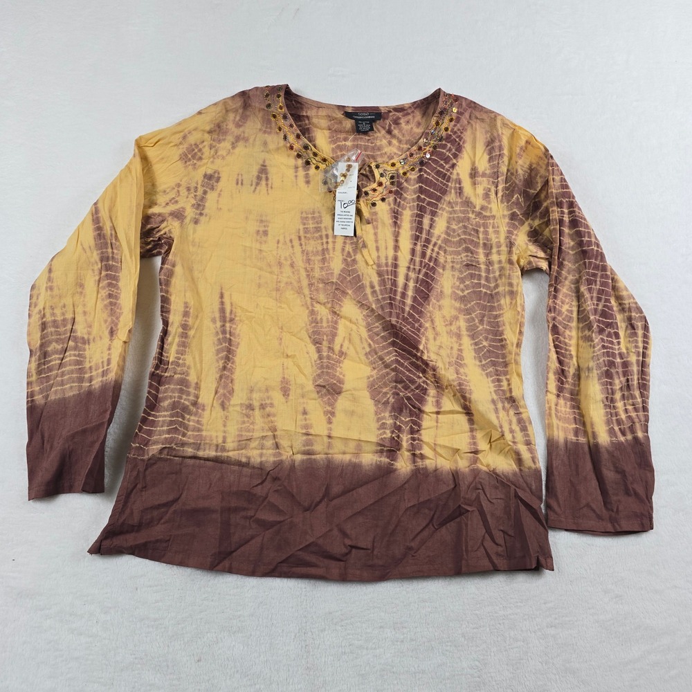 Soho Clothing Company Women M Brown Yellow Tie Dye Sequin Boho Cotton Tunic Top